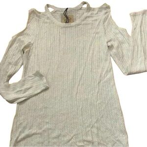 Womens double cold shoulder long sleeve thin sheer waffle print white top new M